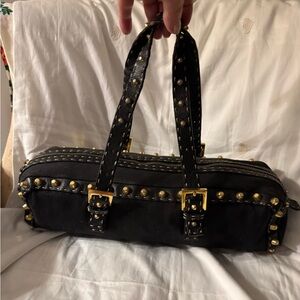 Auth.FENDI SELLERIA vintage black canvas leather-trimmed studded top handle bag